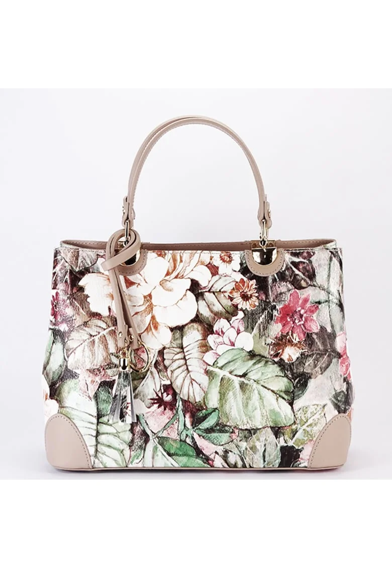 Geanta taupe cu imprimeu floral din piele naturala 1330 M9 16914, Maro taupe