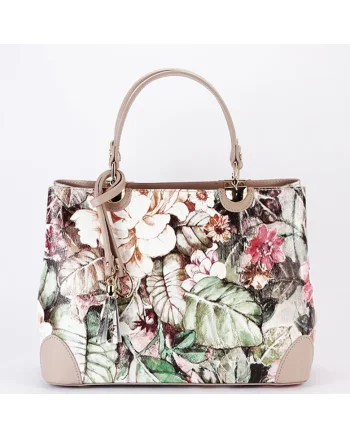 Geanta taupe cu imprimeu floral din piele naturala 1330 M9 16914, Maro taupe