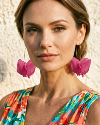 Cercei statement cu mac din matase, stil elegant de vara, fucsia