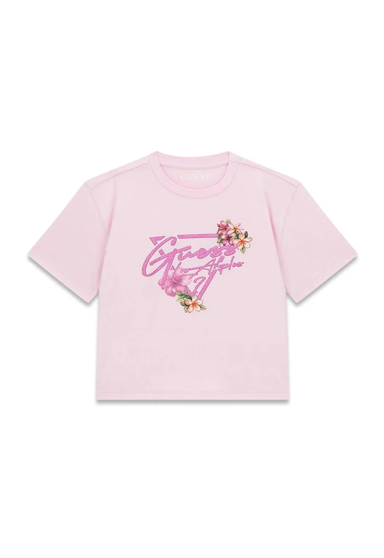 Tricou crop cu imprimeu logo, Roz deschis/Roz prafuit