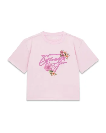 Tricou crop cu imprimeu logo, Roz deschis/Roz prafuit