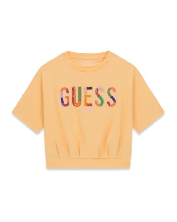Tricou cu decolteu la baza gatului si imprimeu logo, Portocaliu mandarina
