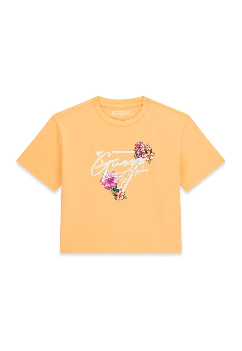 Tricou crop cu imprimeu logo, Alb/Portocaliu mandarina