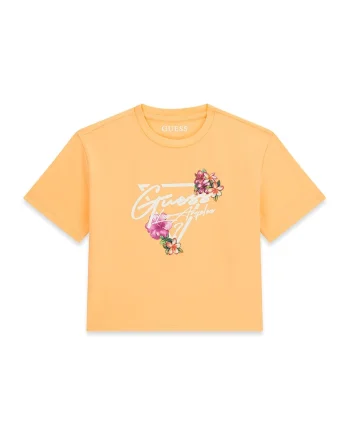 Tricou crop cu imprimeu logo, Alb/Portocaliu mandarina