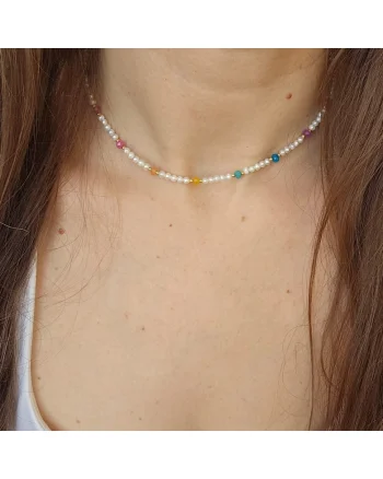 Colier din perle de cultura si jad curcubeu cu argint 925 placat cu aur de 14k, 38 cm