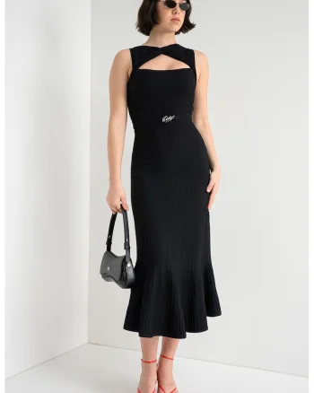 Rochie cu striati, terminatii cu volane si decupaj, Negru