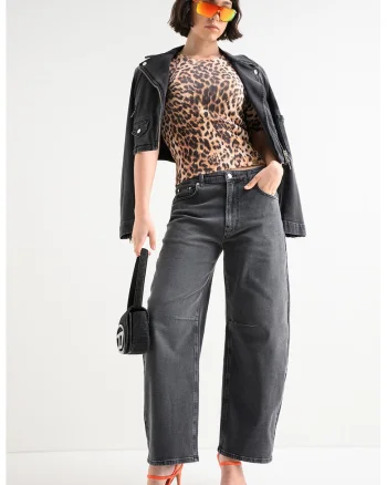 Tricou slim fit cu animal print, Maro/Crem