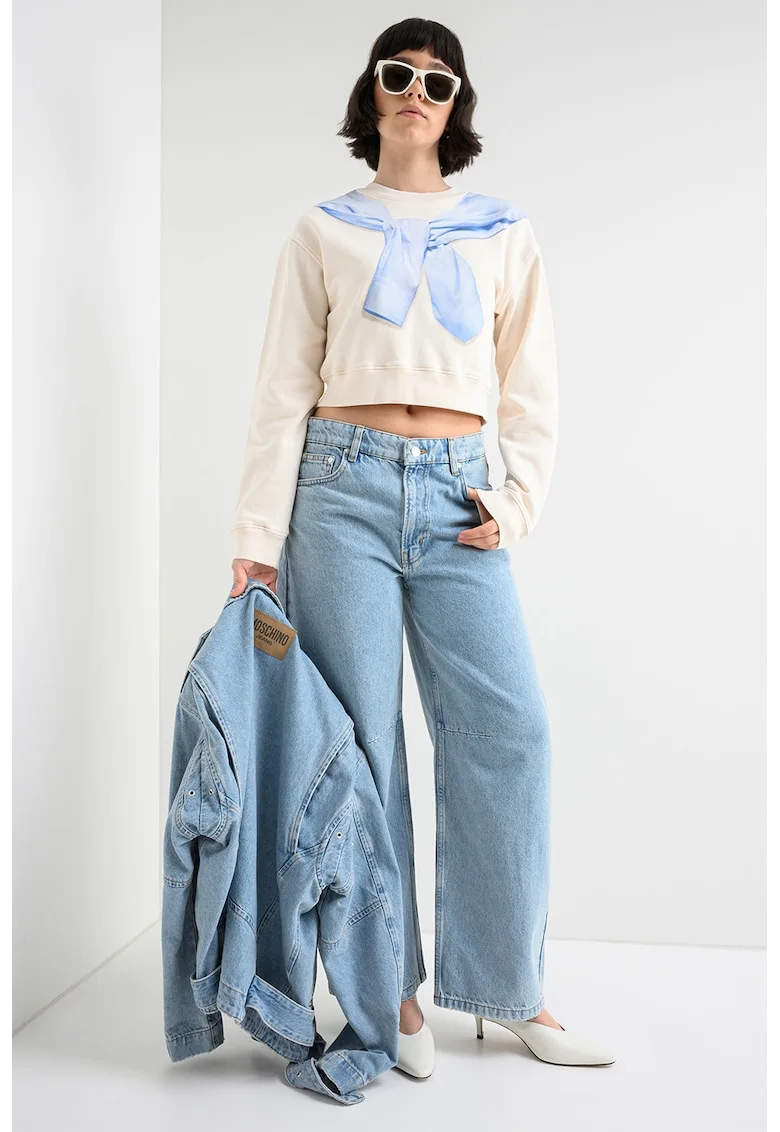 Bluza sport crop din bumbac, Alb fildes/Albastru
