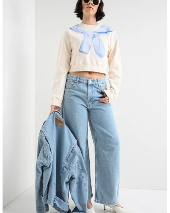 Bluza sport crop din bumbac, Alb fildes/Albastru