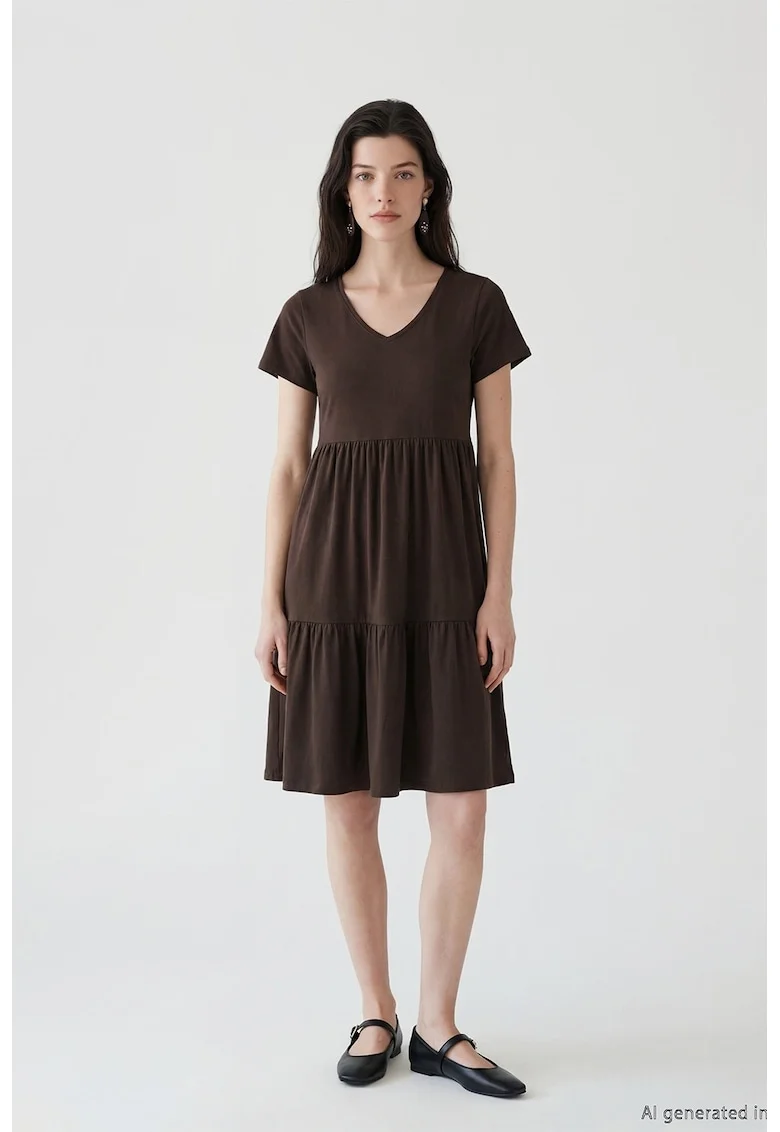 Rochie evazata din bumbac cu model uni, Maro inchis