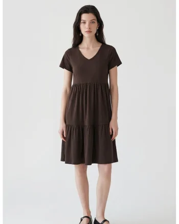 Rochie evazata din bumbac cu model uni, Maro inchis