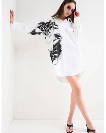 Rochie-camasa cu imprimeu cu pisica, Alb/Negru