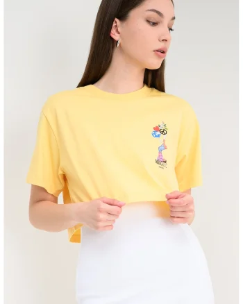 Tricou crop cu decolteu la baza gatului, Rosu/Galben vanilie/Albastru