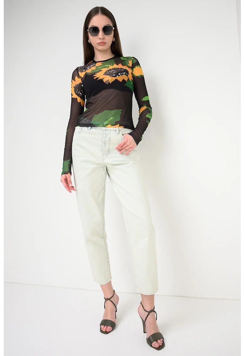 Bluza transparenta cu model floral, Verde/Negru/Galben