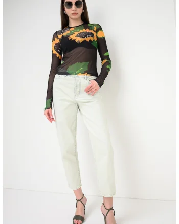 Bluza transparenta cu model floral, Verde/Negru/Galben