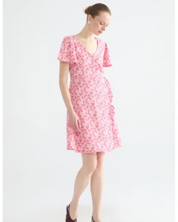 Rochie cu decolteu in V si model floral, Roz