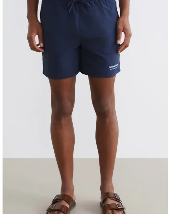 Pantaloni scurti de baie din nailon cu snur de ajustare, Bleumarin