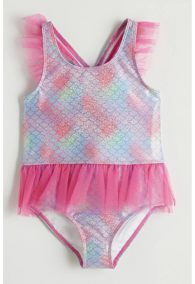 Costum de baie intreg cu insertii din tul, Verde/Roz/Albastru