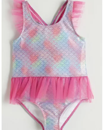 Costum de baie intreg cu insertii din tul, Verde/Roz/Albastru