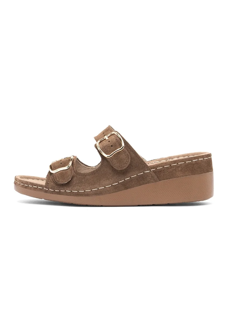 Papuci din piele intoarsa cu talpa wedge Donna, Maro deschis