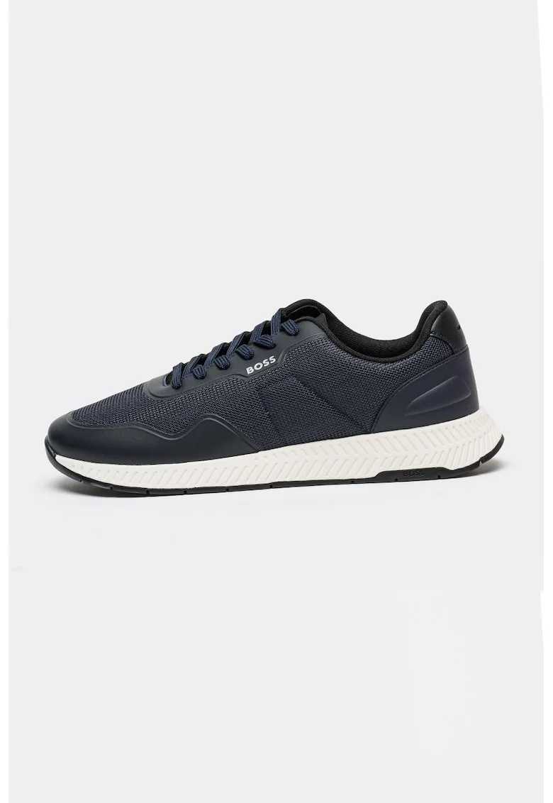 Pantofi sport din piele ecologica cu garnituri din material textil Titanium Runn, Negru/Albastru inchis
