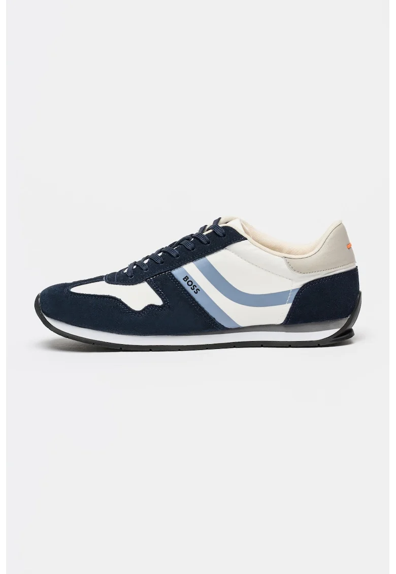 Pantofi sport cu garnituri din piele intoarsa ecologica Levon, Alb/Albastru prafuit/Bleumarin