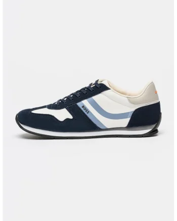 Pantofi sport cu garnituri din piele intoarsa ecologica Levon, Alb/Albastru prafuit/Bleumarin