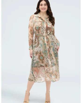 Rochie-camasa vaporoasa cu buzunare pe piept, Multicolor
