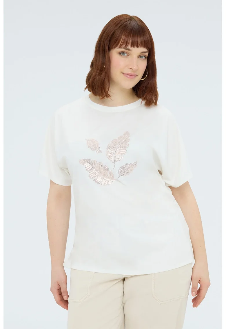 Tricou cu decolteu la baza gatului si imprimeu grafic, Alb/Auriu rose