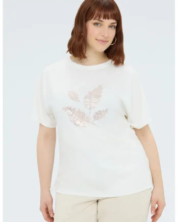 Tricou cu decolteu la baza gatului si imprimeu grafic, Alb/Auriu rose