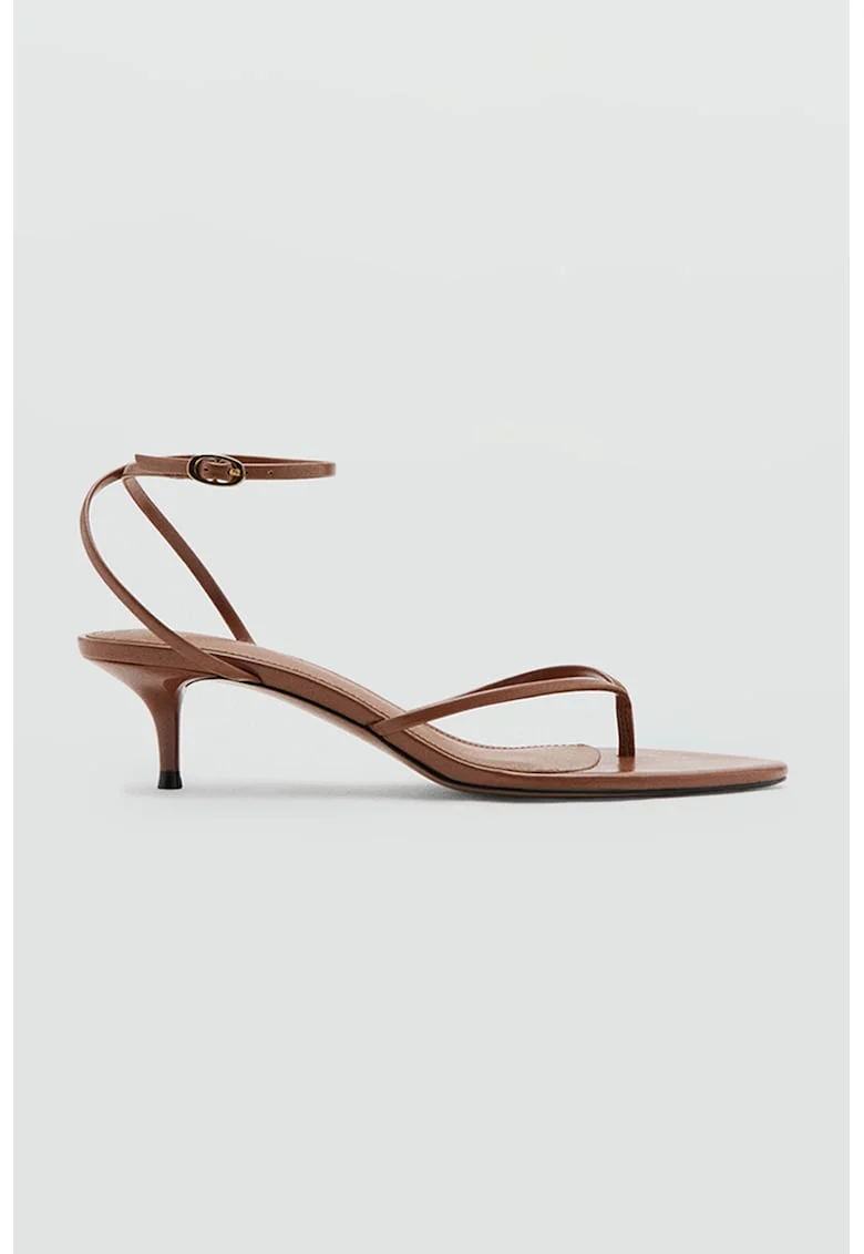 Sandale cu toc, barete multiple si catarama, Caramel