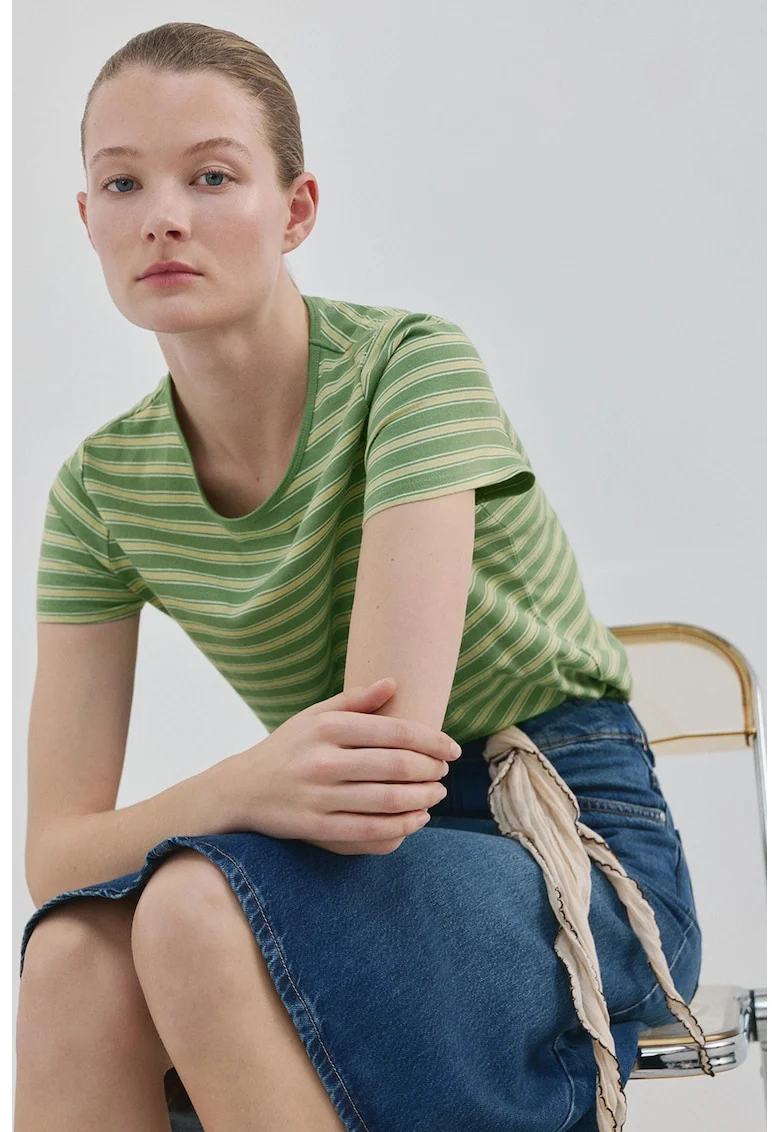 Tricou cu decolteu la baza gatului si dungi, Alb/Maro nisip/Verde aquamarin
