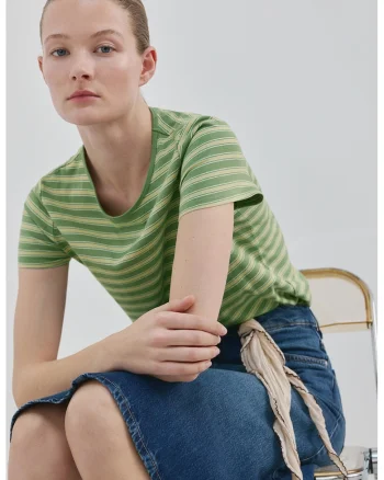 Tricou cu decolteu la baza gatului si dungi, Alb/Maro nisip/Verde aquamarin