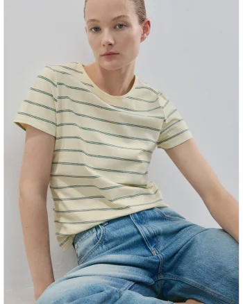 Tricou cu decolteu la baza gatului si dungi, Crem/Verde persan