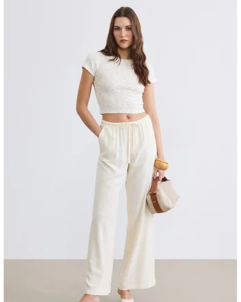 Pantaloni din amestec de in cu croiala ampla, Crem