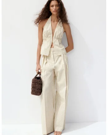 Pantaloni ampli in dunggi, Alb/Verde/Bej deschis
