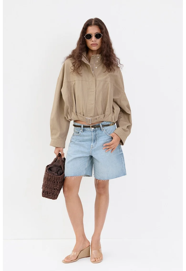 Pantaloni scurti din denim cu croiala dreapta si talie joasa, Albastru melange