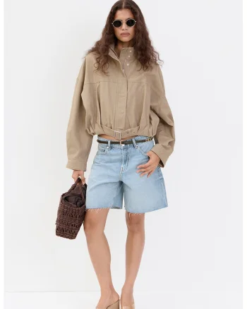 Pantaloni scurti din denim cu croiala dreapta si talie joasa, Albastru melange