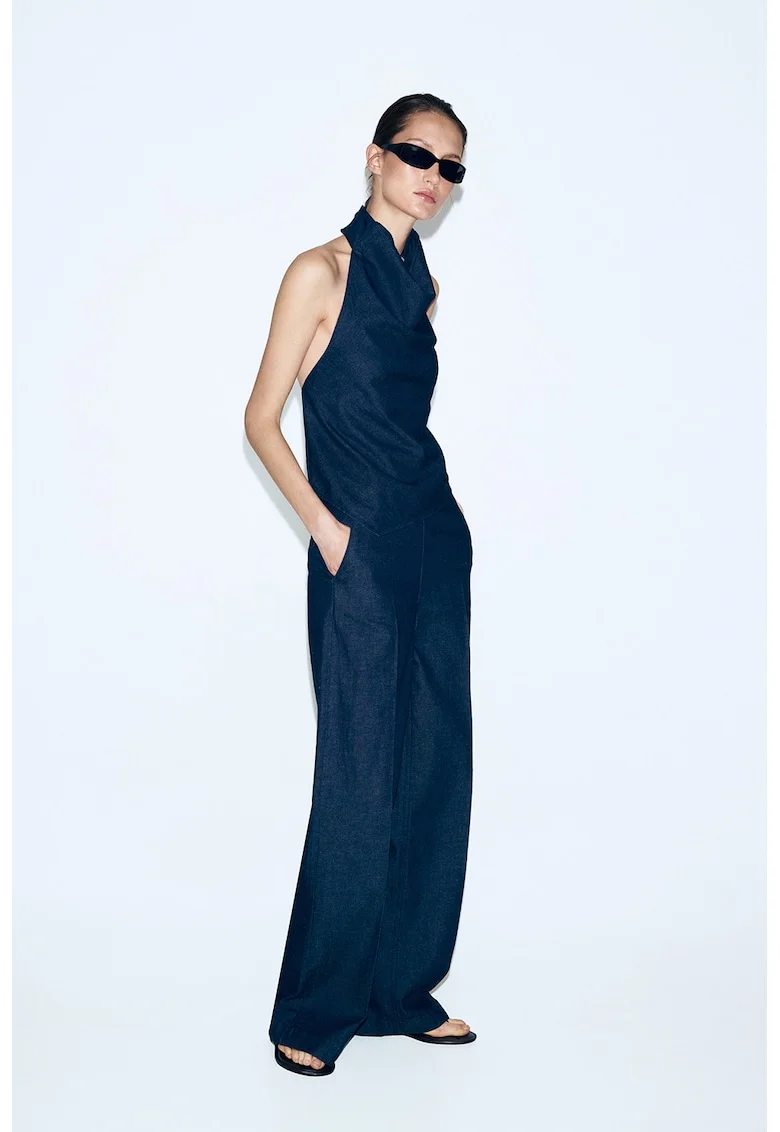 Pantaloni drepti cu talie inalta, Bleumarin