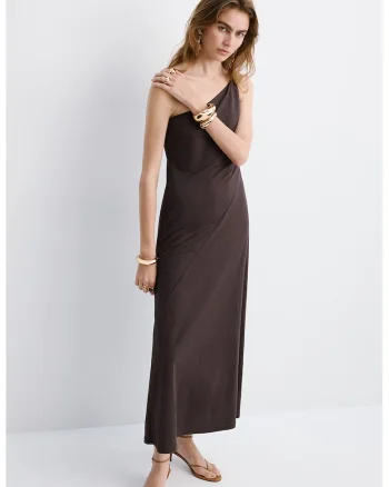 Rochie midi cu decolteu pe un umar, Maro pamantiu