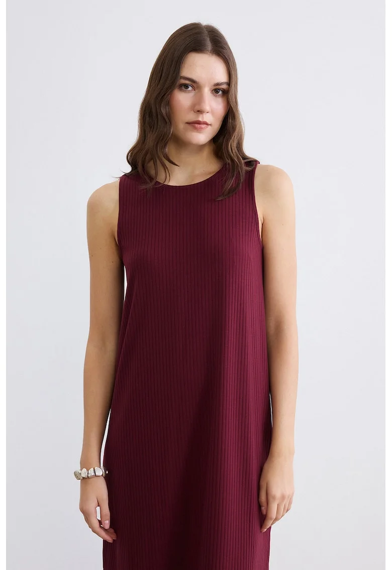 Rochie midi cu croiala dreapta si model uni, Visiniu