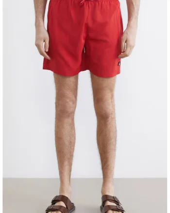 Pantaloni scurti de baie cu buzunare cu fermoar si model uni, Rosu vermillion
