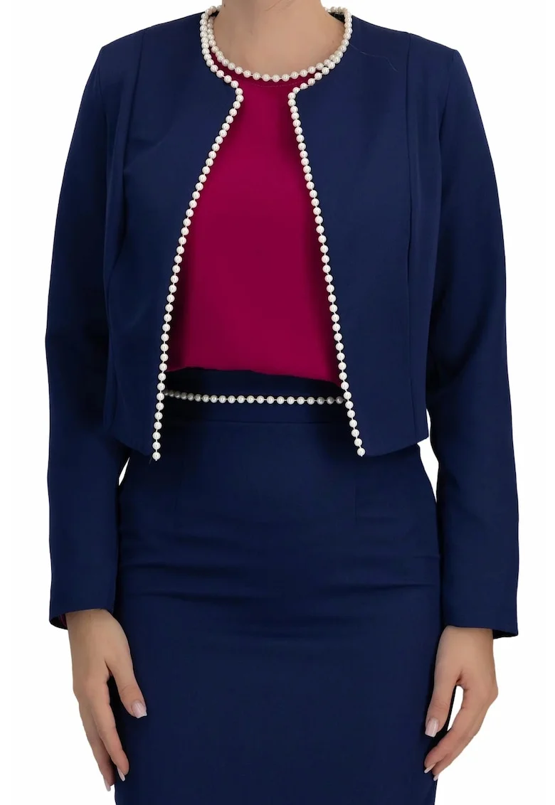 Sacou scurt din stofa elastica, croi drept, accesorizat cu perle Albastru, Albastru