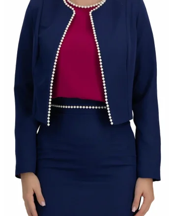 Sacou scurt din stofa elastica, croi drept, accesorizat cu perle Albastru, Albastru