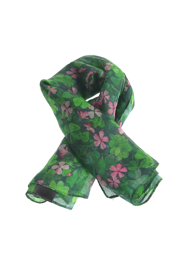 Esarfa din matase verde cu imprimeu floral roz