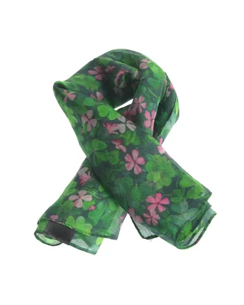 Esarfa din matase verde cu imprimeu floral roz