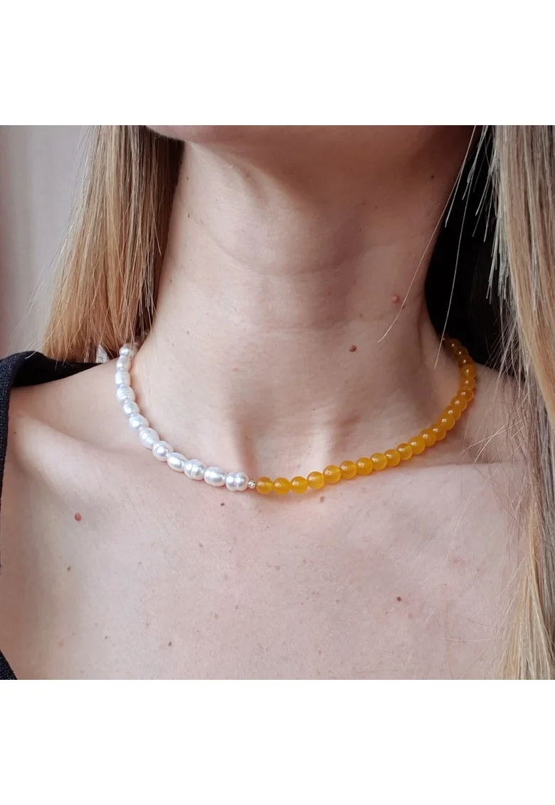 Colier din perle de cultura si jad galben cu argint 925, 41 cm