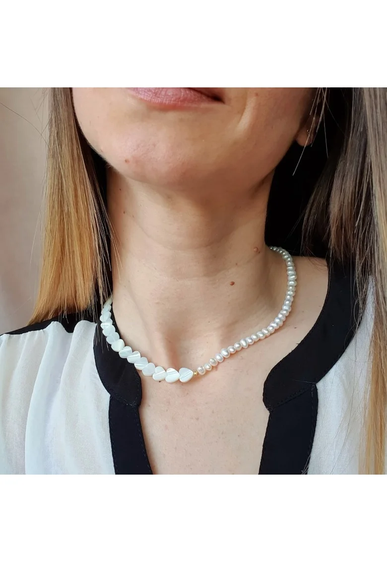 Colier din perle de cultura si inimi de sidef cu argint 925 placat cu aur de 14k, 41 cm