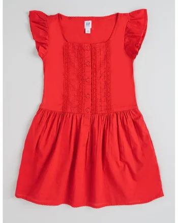 Rochie evazata din bumbac cu maneci cu volane, Rosu