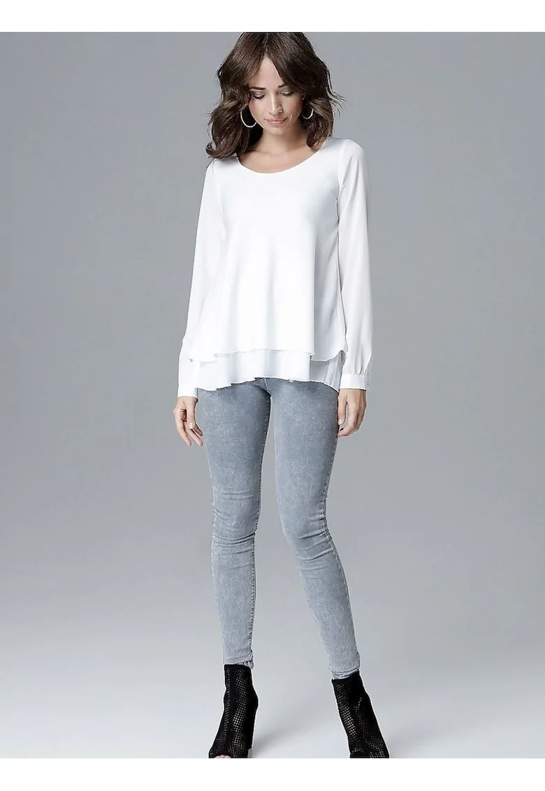 Bluza dama  bej, maneci lungi, decolteu semicircular, volan, Bej